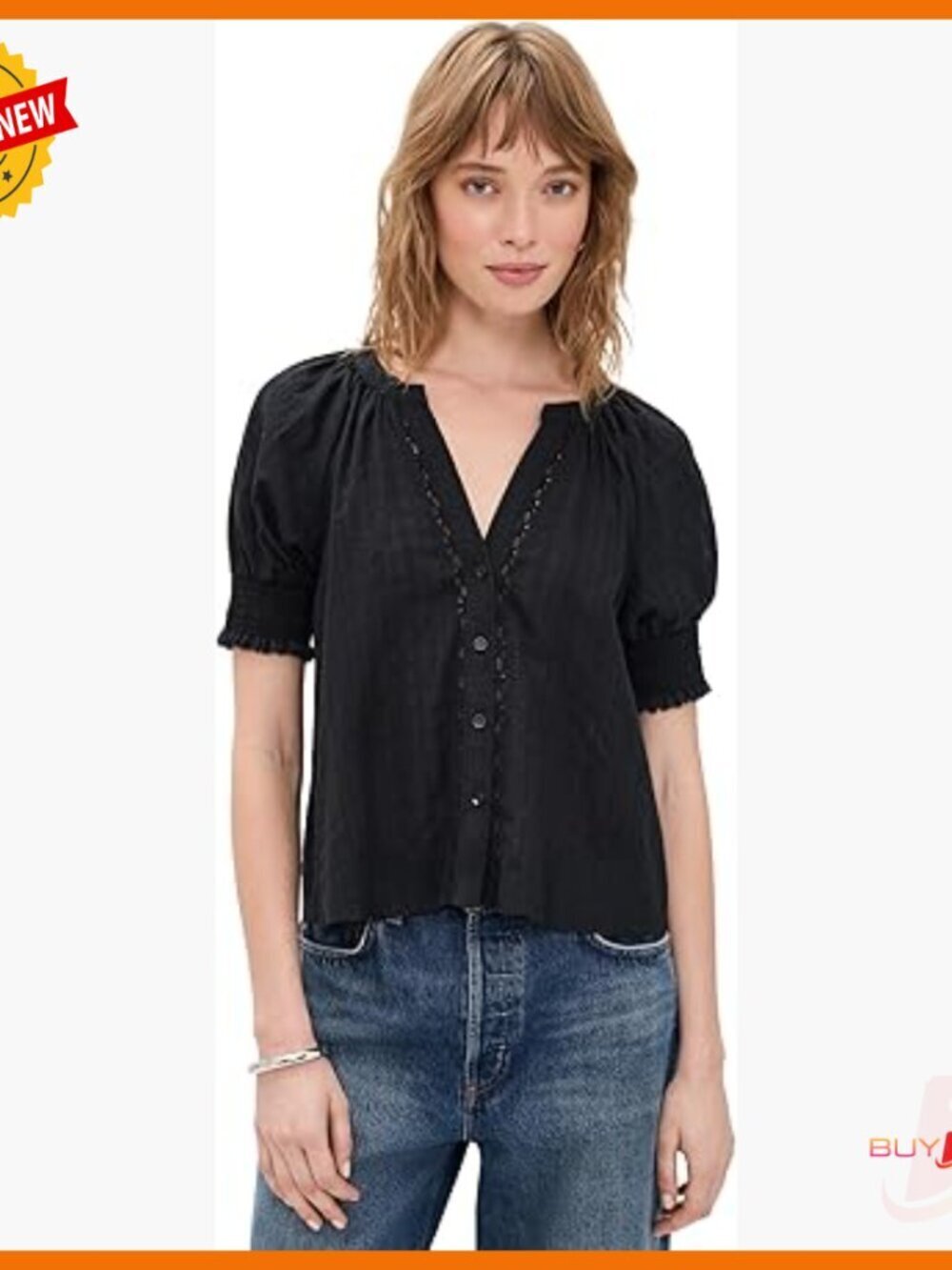 Button Down Blouse with Puff Sleeves, Embroidered Lace Detailing, Dry Clean Only